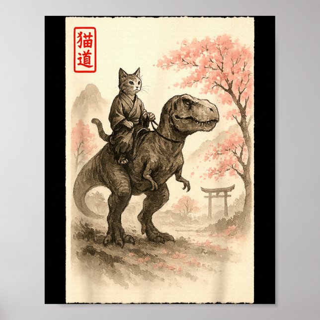 Affiche Funny Sumi-e Kawaii Cat Riding Dinosaur Japanese A (Devant)