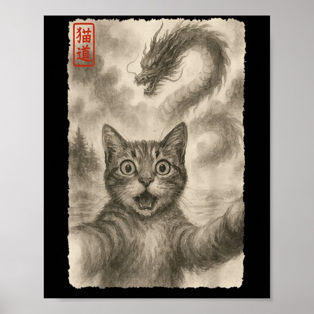 Affiche Funny Sumi-e Kawaii Surprised Chat effrayé Selfie  (Devant)