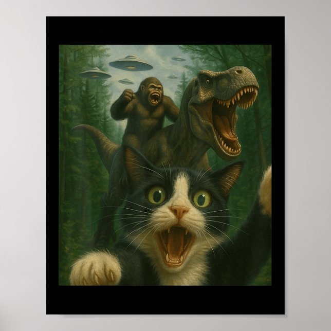Affiche Funny Surprised Chat effrayé Selfie T-rex Dinosaur (Devant)
