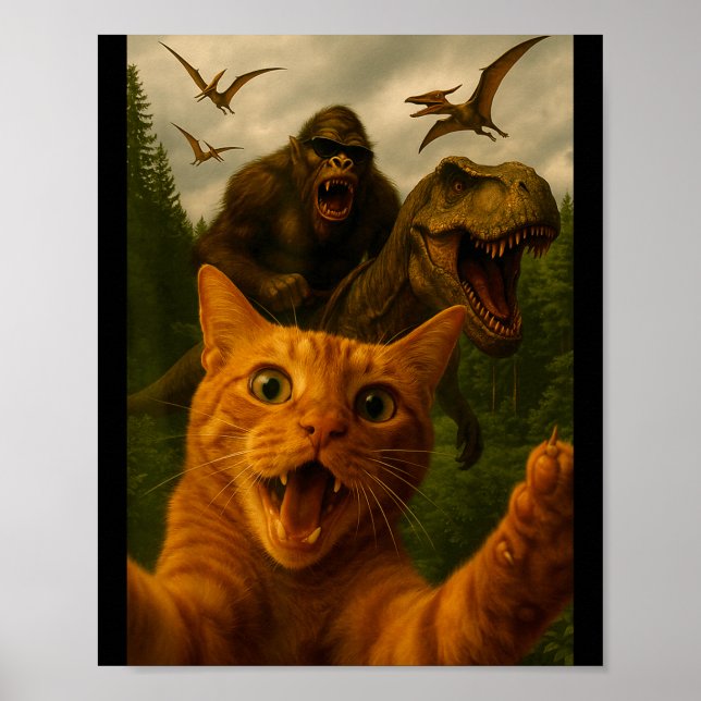 Affiche Funny Surprised Ed Cat Selfie With Bigfoot T-rex  (Devant)