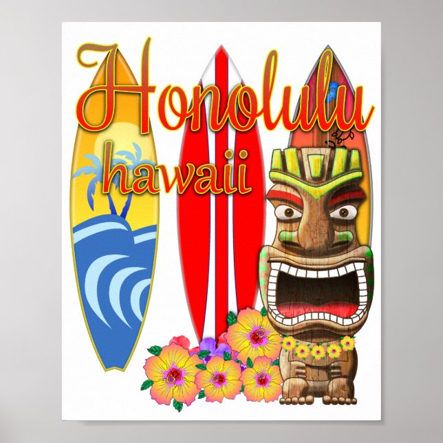 Affiche Funny Tiki Honolulu Hawaii Surf (Devant)
