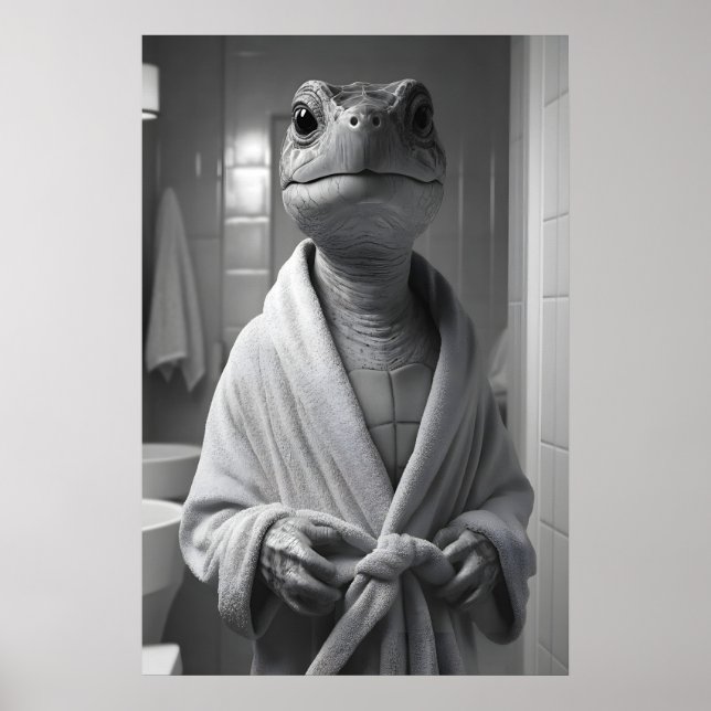 Affiche Funny Turtle in Bathrobe Print, Quirky Bathroom (Devant)