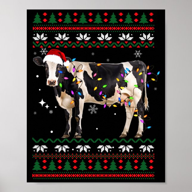 Affiche Funny Ugly Xmas Sweater Dairy Cow Farmer Lights Ch (Devant)