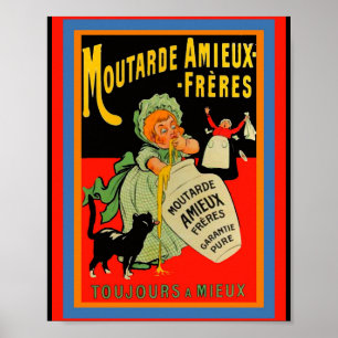 Affiche Funny Vintage French Mustard Moutarde Ad Girl, Cat