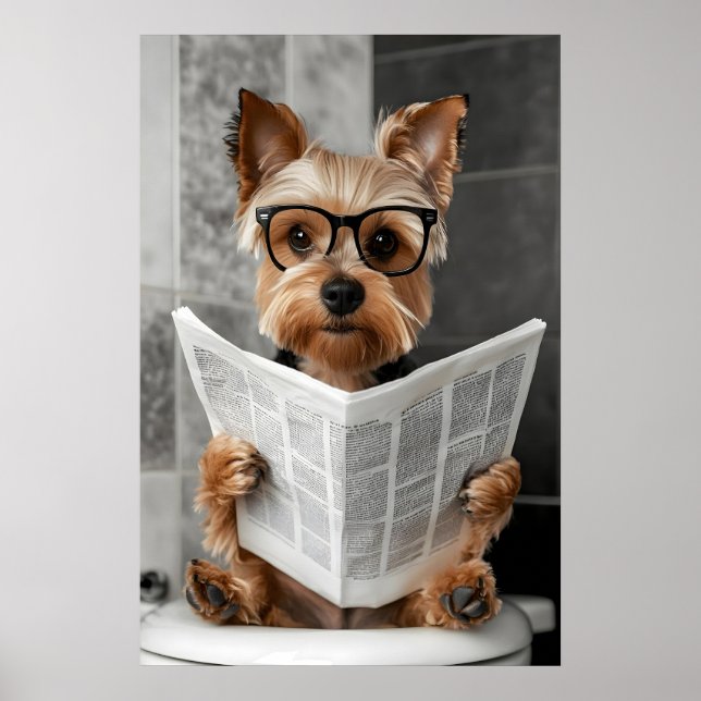 Affiche Funny Yorkie Bathroom Print, Reading Newspaper (Devant)
