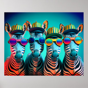 Affiche Funny Zebras mignon Zoo Animaux Lunettes Casquette