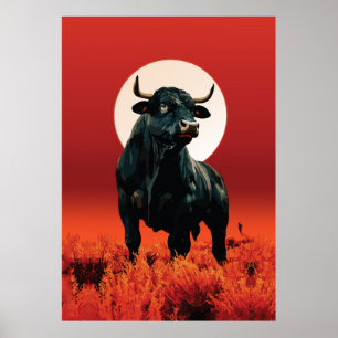 Affiche Fureur de Minuit – Majestueux Taureau Noir sous Cr