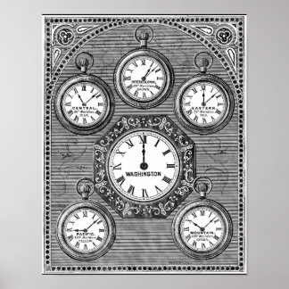 Affiche Fuseaux horaires du monde de l'art vintage - affic