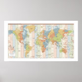 Carte du monde - fuseaux horaires - Country Flags - Affiche géante