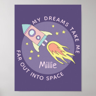 Affiche Fusée spatiale rose pour fille et espace et nom po