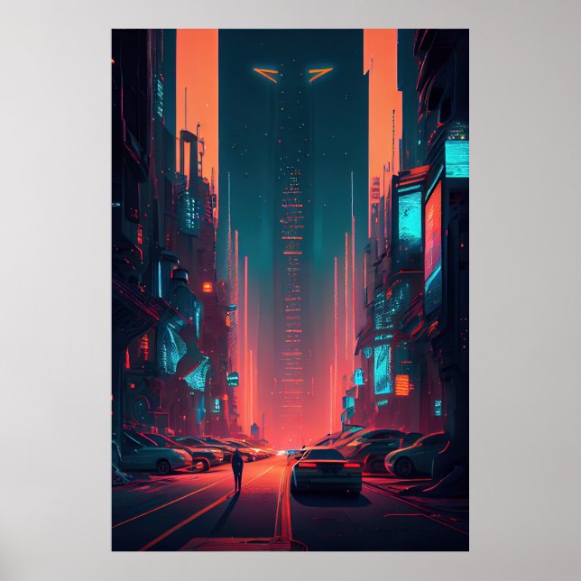 Affiche Futuristic City - Cyberpunk - Neon - Illustration (Devant)