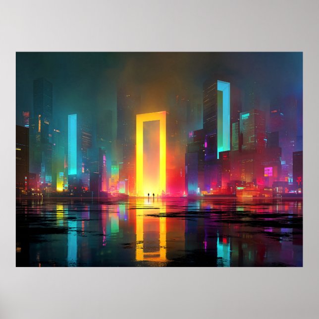 Affiche Futuristic City with Radiant Neon Portal (Devant)