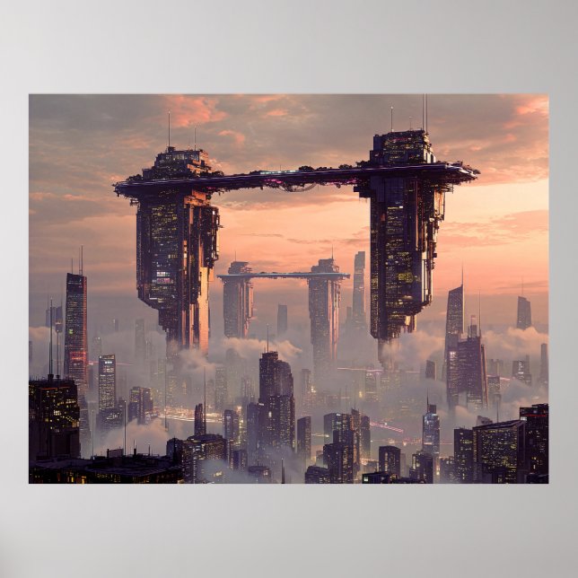 Affiche Futuristic floating megastructures above the city (Devant)