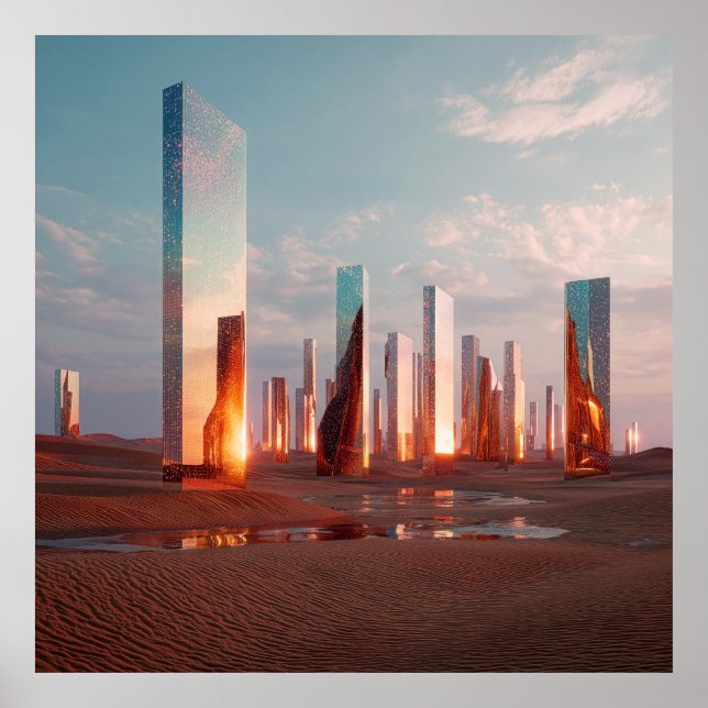Affiche Futuristic Surreal Mirror Towers In Desert (Devant)