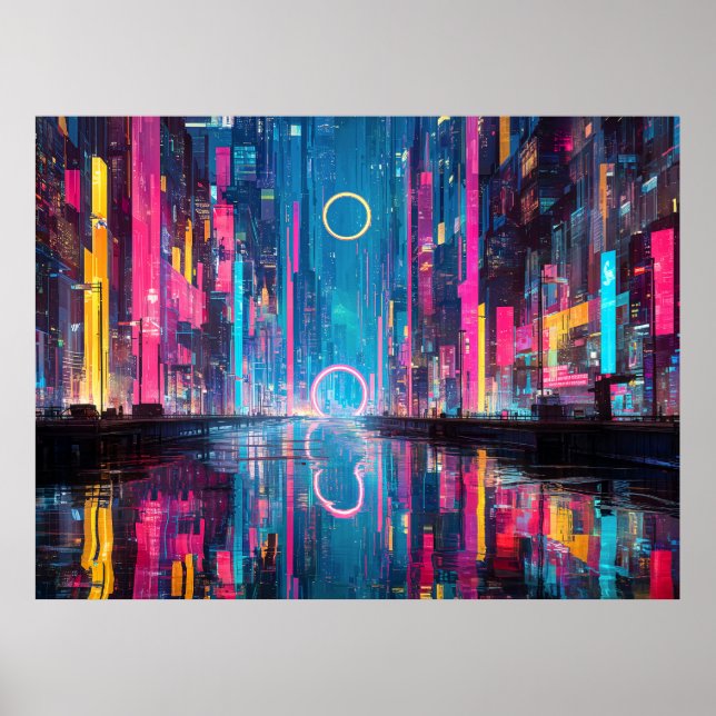 Affiche Futuristic Vibrant Neon Night Cityscape (Devant)