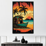 Affiche Fuyez pour les Cabanes de plage de Coral Reef à Fi<br><div class="desc">Le Sunset Paradise est une île tropicale artistique et colorée, une véritable échappée du quotidien. Le style pop art déco des cabanes de plage, entourées de palmiers et de cocotiers, offre un cadre propice à la détente et à l'aventure. La barrière de corail et sa vie marine diversifiée raviront les...</div>