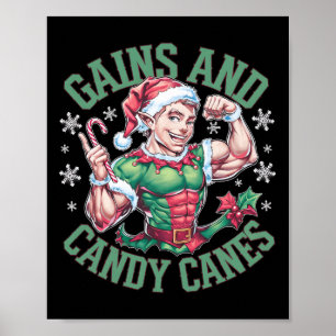 Affiche Gains de musculation drôle d'elfe de Noël et canne
