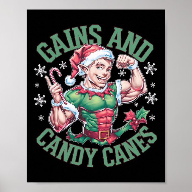 Affiche Gains de musculation drôle d'elfe de Noël et canne (Devant)