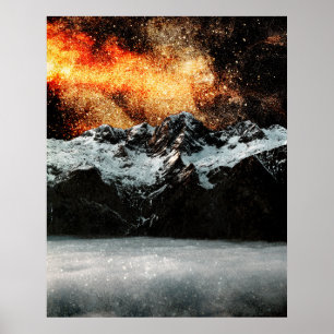 Affiche Galaxie brûlante au-dessus de montagnes majestueus