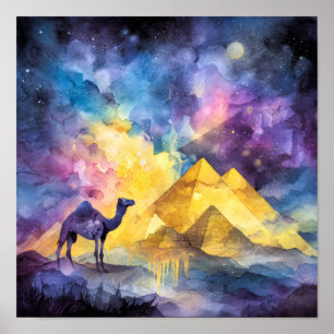 Affiche Galaxie de désert à l'aquarelle Chameau Pyramide V