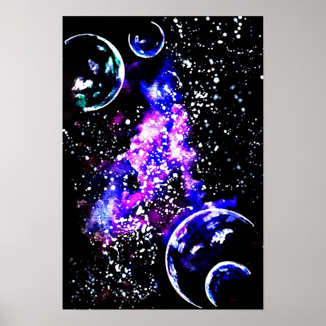 Affiche Galaxie violette avec planètes (Devant)