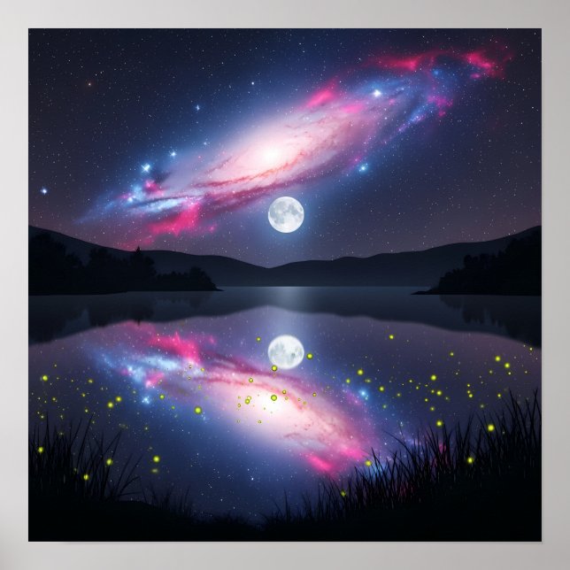 Affiche Galaxy Over Moonlit Lake with Cosmic Reflection (Devant)