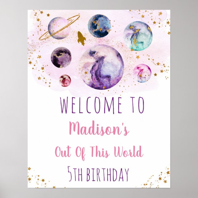 Affiche Galaxy Pink Gold Space Bienvenue d'anniversaire (Devant)