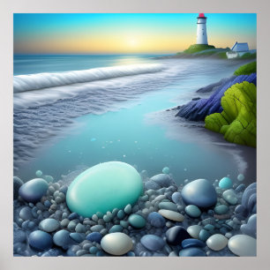 Affiche Galets de phare dans le paysage côtier de Sunriset