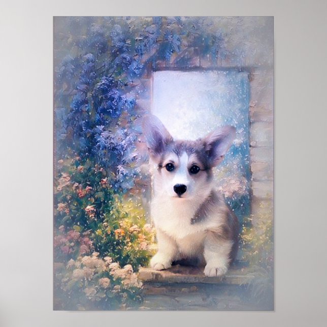 Affiche Gallois Corgi puppy à la porte (Devant)