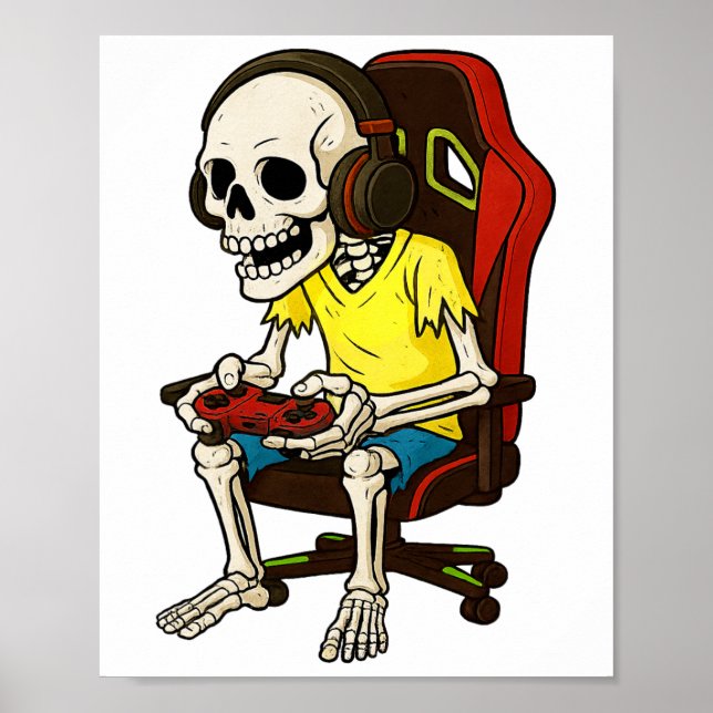 Affiche Gamer Halloween squelette effrayant jeu vidéo B (Devant)