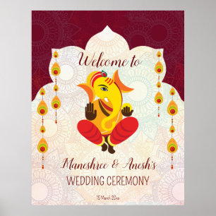 Affiche Ganesha avec guirlandes jaunes frontière lotus bie