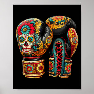 Affiche Gants de boxe crâne sucré mexicain Aztec Mayan