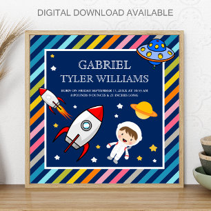 Affiche Garçon Astronaute Espace Fusée Naissance Statistiq