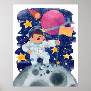 Affiche Garçon Astronaute Premier Pas Lune Drapeau Espace