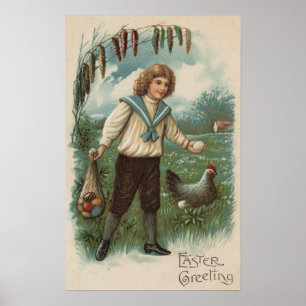 Affiche Garçon avec panier à oeufs de Pâques tenant l'oeuf