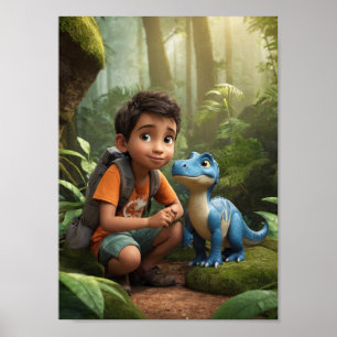 Affiche Garçon aventureux et dinosaure amical