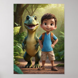 Affiche Garçon aventureux et dinosaure amical