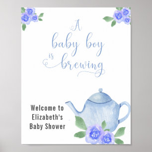 Affiche Garçon Baby shower Bleu théière et fleurs Accueil