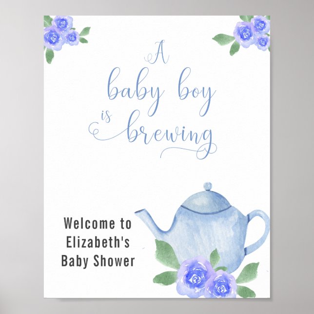 Affiche Garçon Baby shower Bleu théière et fleurs Accueil (Devant)