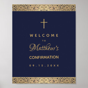 Affiche Garçon Confirmation Bleu Marine Roses Dorées Bienv