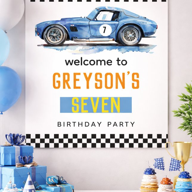 Affiche Garçon Cool Blue Voiture de Course Enfants Anniver (Boys Cool Blue Racing Car Kids Birthday Poster)