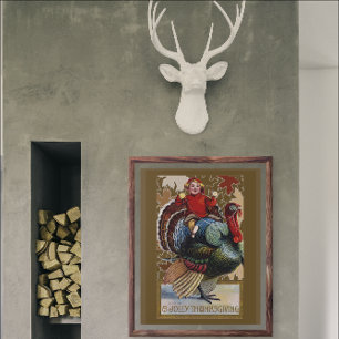 Affiche Garçon de Thanksgiving vintage montant un dindon