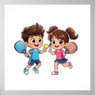 Affiche Garçon et Fille de Dessin Animé Mignons Jouant au
