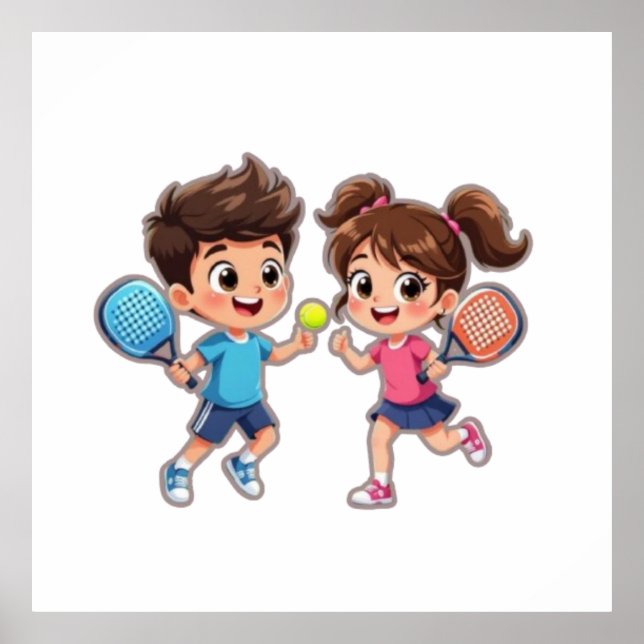 Affiche Garçon et Fille de Dessin Animé Mignons Jouant au  (Devant)