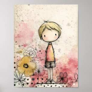 Affiche Garçon Fantaisiste Aquarelle aux Accents Floraux (