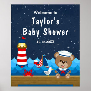 Affiche Garçon Marin Ours Rouge Marine Baby Shower Bienven