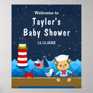Affiche Garçon Marin Singe Rouge Fête de Naissance Accueil