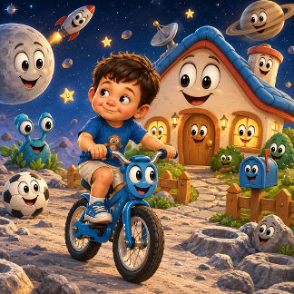 Affiche Garçon mignon faisant du vélo dans l'espace