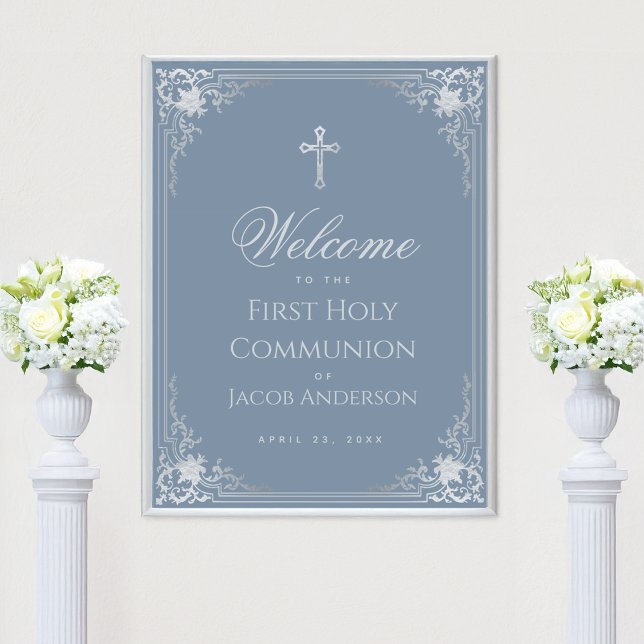 Affiche Garçon Première Communion Bleu Poussiéreux Vintage (Créateur téléchargé)