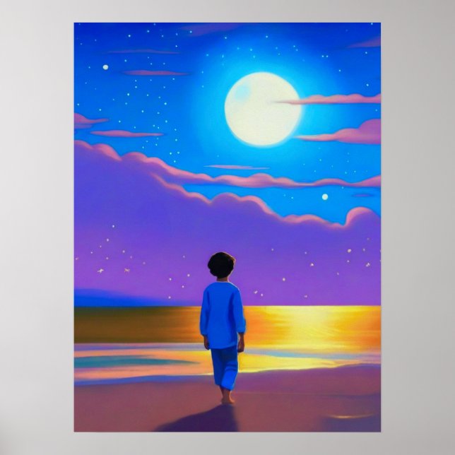 Affiche Garçon sur la plage, regardant la lune (Devant)
